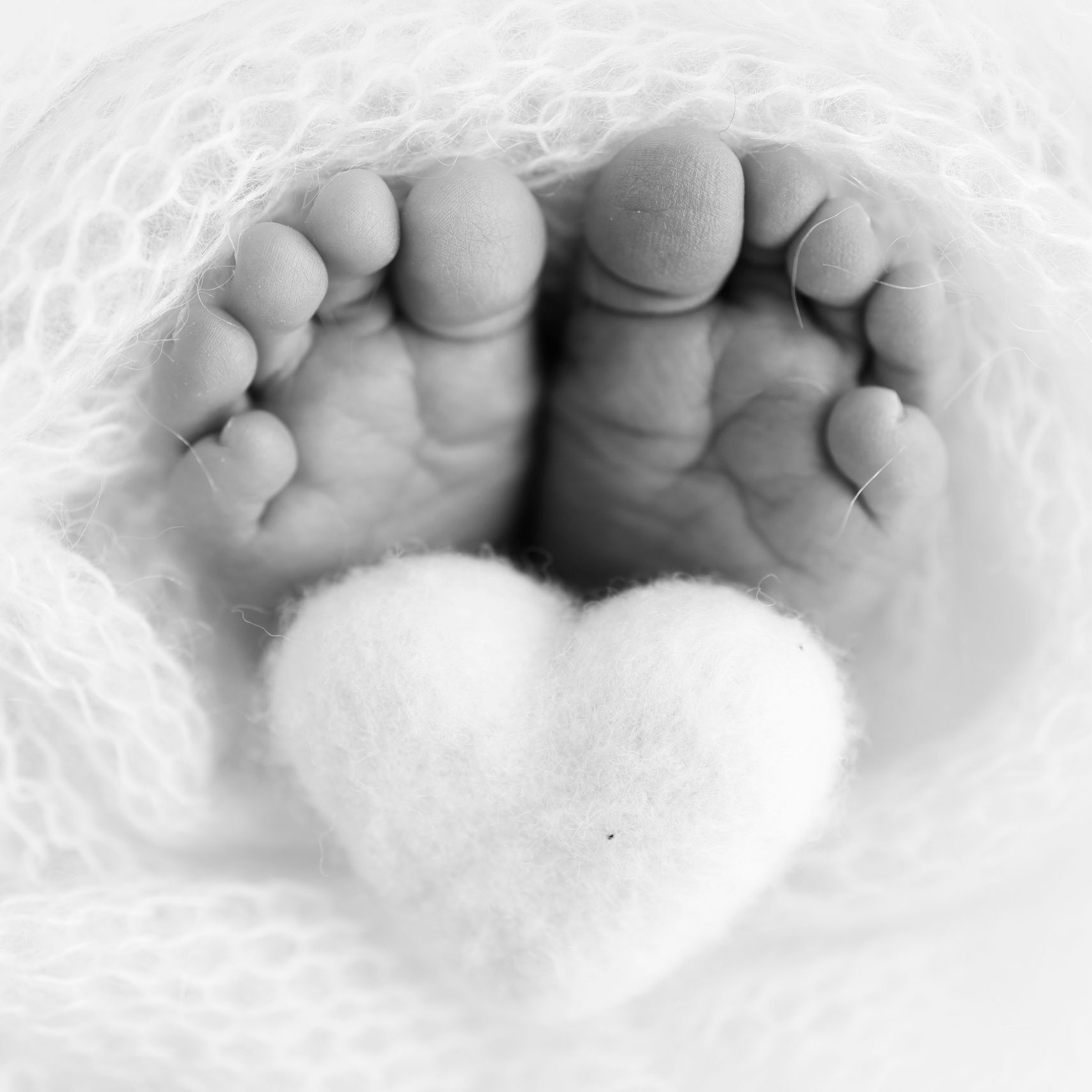 The tiny foot of a newborn baby. Soft feet of a new born in a wool blanket. Close up of toes, heels and feet of a newborn. Knitted heart in the legs of baby. Macro photography. Black and white